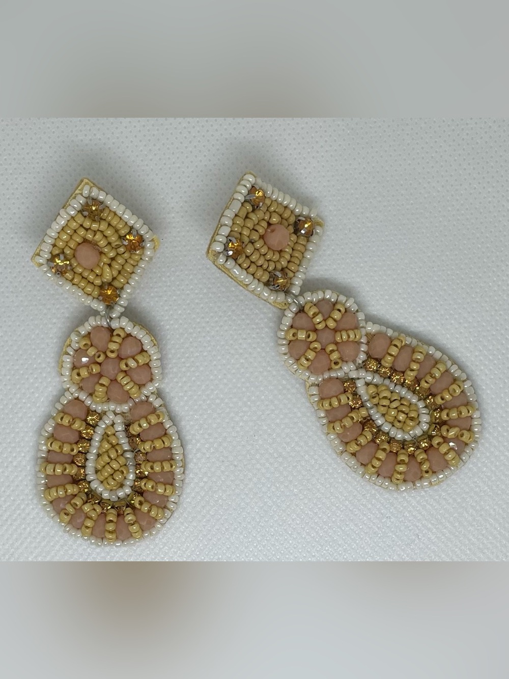 Handmade Ivory, Blush & Gold Beaded Statement Drop Earrings